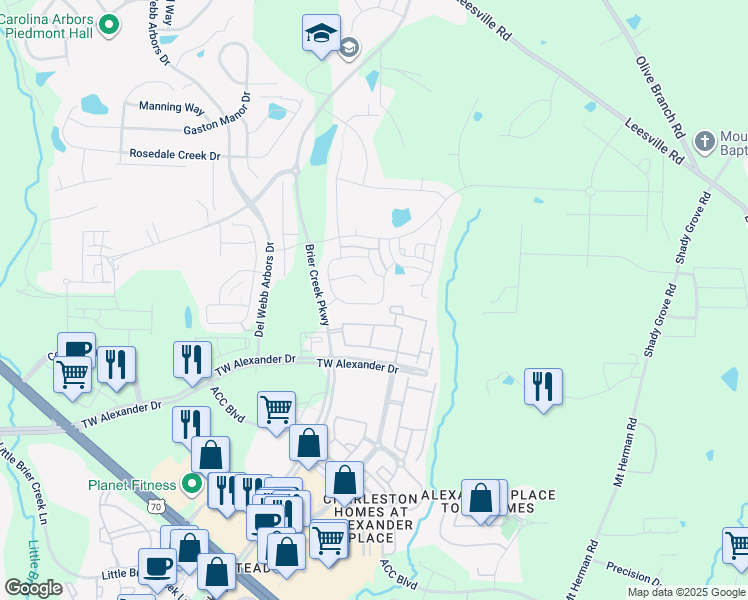 map of restaurants, bars, coffee shops, grocery stores, and more near 431 Shale Creek Drive in Durham