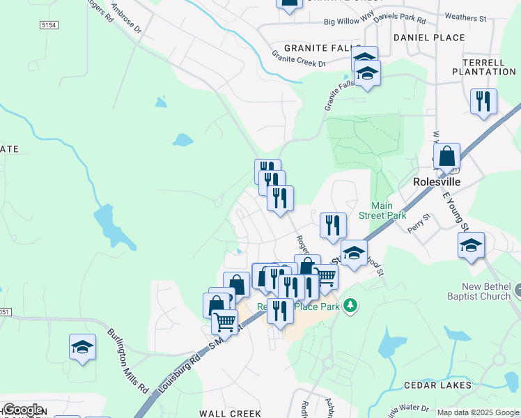 map of restaurants, bars, coffee shops, grocery stores, and more near Leighann Ridge Lane in Wake Forest