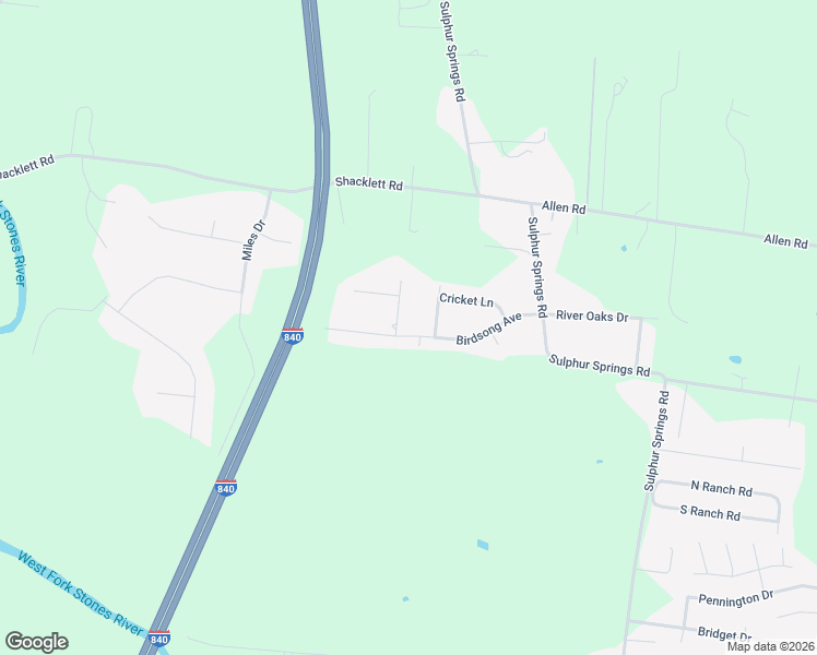 map of restaurants, bars, coffee shops, grocery stores, and more near 2624 Birdsong Avenue in Murfreesboro