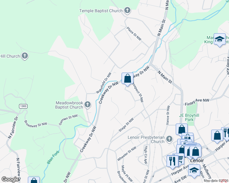 map of restaurants, bars, coffee shops, grocery stores, and more near 860 Corpening Place Northwest in Lenoir