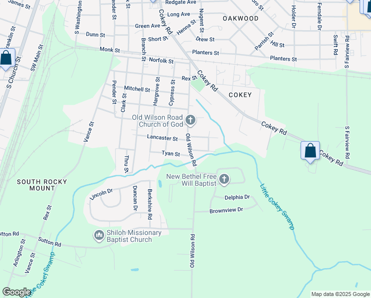 map of restaurants, bars, coffee shops, grocery stores, and more near 1614 Old Wilson Road in Rocky Mount