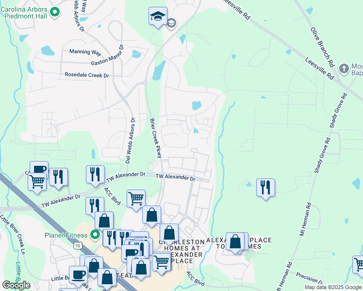 map of restaurants, bars, coffee shops, grocery stores, and more near 427 Shale Creek Drive in Durham