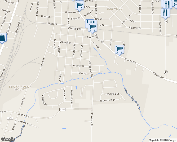 map of restaurants, bars, coffee shops, grocery stores, and more near 1614 Old Wilson Road in Rocky Mount