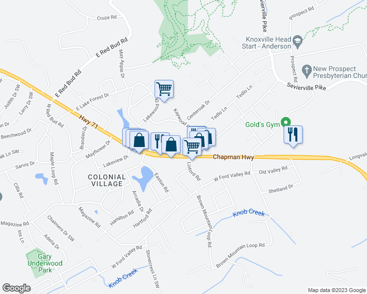 map of restaurants, bars, coffee shops, grocery stores, and more near 102 Eastwood Drive in Knoxville
