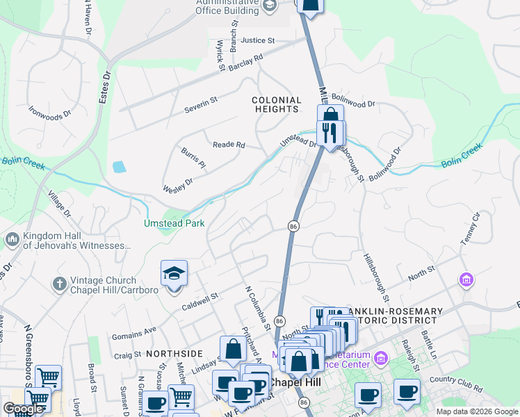 map of restaurants, bars, coffee shops, grocery stores, and more near 100 Columbia Place Drive in Chapel Hill