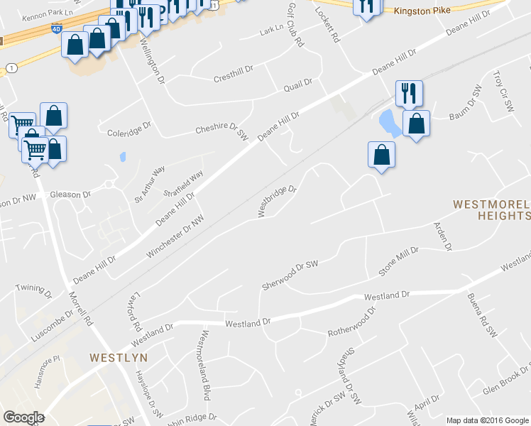 map of restaurants, bars, coffee shops, grocery stores, and more near 422 Westbridge Drive in Knoxville