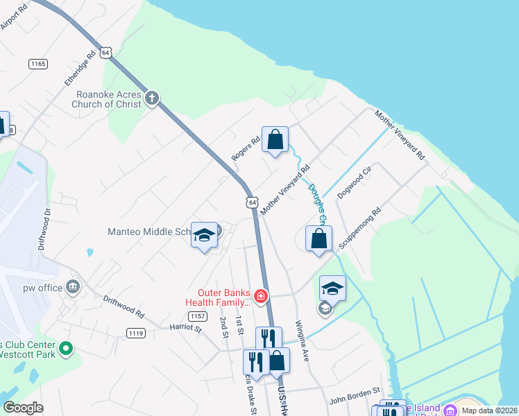 map of restaurants, bars, coffee shops, grocery stores, and more near 105 Mother Vineyard Road in Manteo