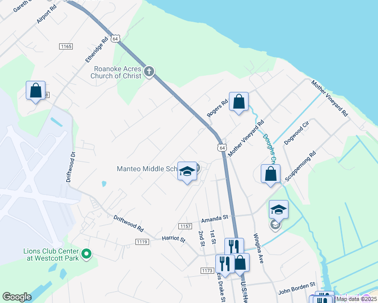 map of restaurants, bars, coffee shops, grocery stores, and more near 128 Creefs Ridge Road in Manteo