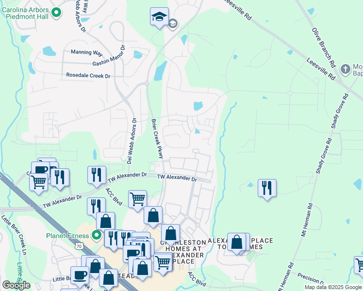map of restaurants, bars, coffee shops, grocery stores, and more near 425 Shale Creek Drive in Durham