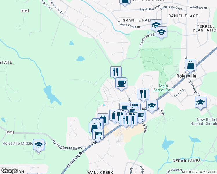 map of restaurants, bars, coffee shops, grocery stores, and more near 408 Morgan Brook Way in Rolesville