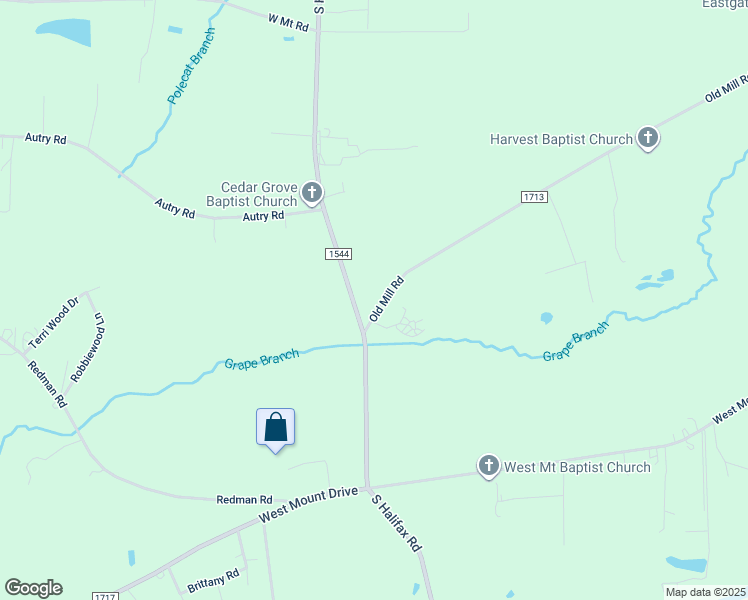 map of restaurants, bars, coffee shops, grocery stores, and more near 2917 Old Mill Road in Rocky Mount