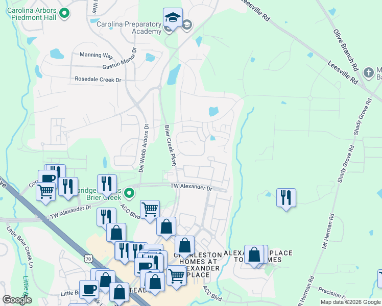 map of restaurants, bars, coffee shops, grocery stores, and more near 407 Shale Creek Drive in Durham