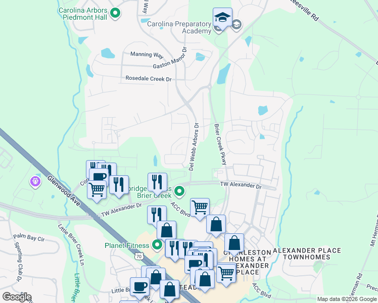 map of restaurants, bars, coffee shops, grocery stores, and more near 334 Brier Crossings Loop in Durham