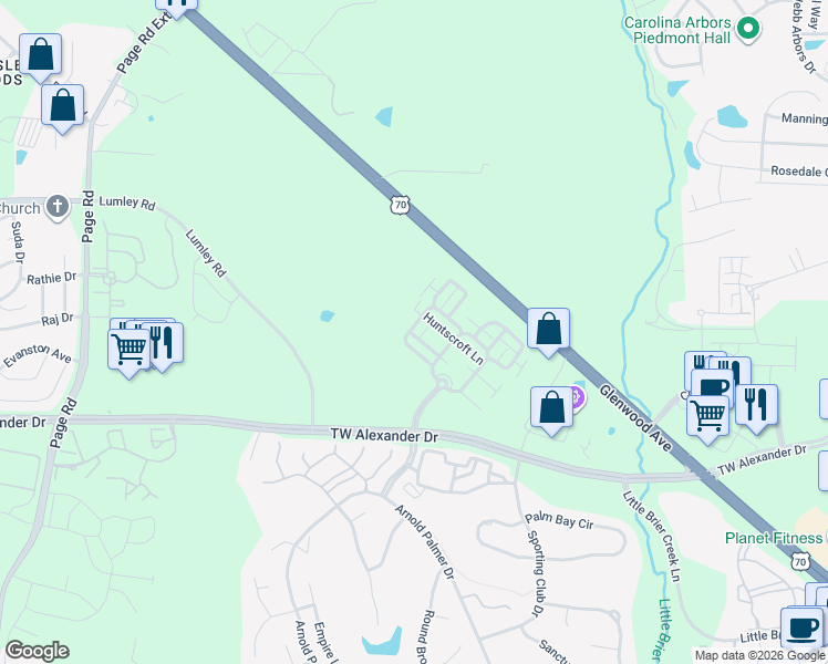 map of restaurants, bars, coffee shops, grocery stores, and more near 2400 Huntscroft Lane in Raleigh