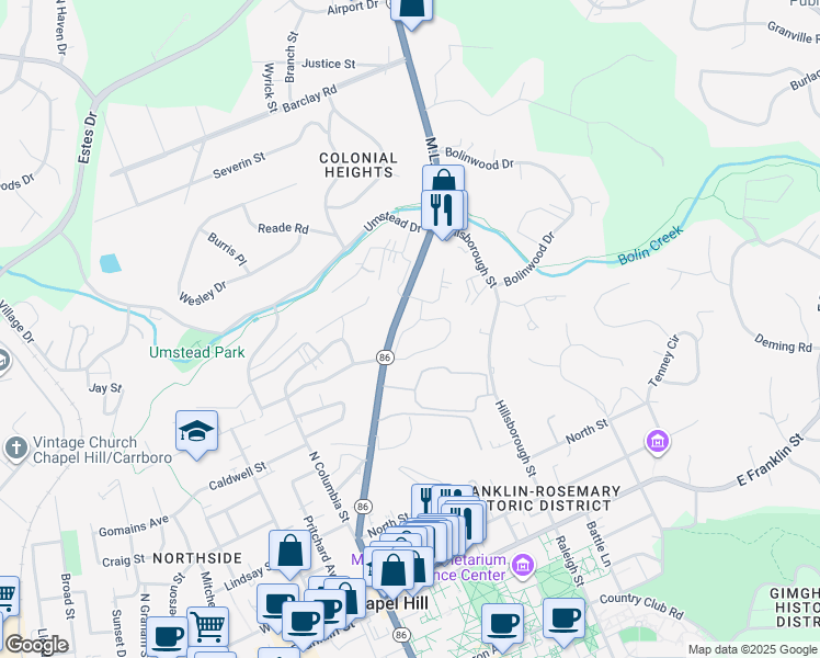 map of restaurants, bars, coffee shops, grocery stores, and more near 710 Martin Luther King Junior Boulevard in Chapel Hill