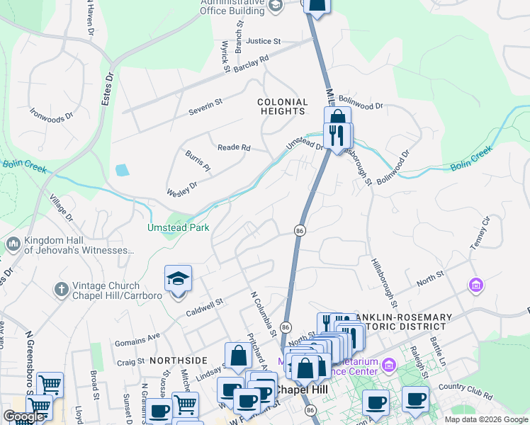 map of restaurants, bars, coffee shops, grocery stores, and more near 100 Columbia Place Drive in Chapel Hill