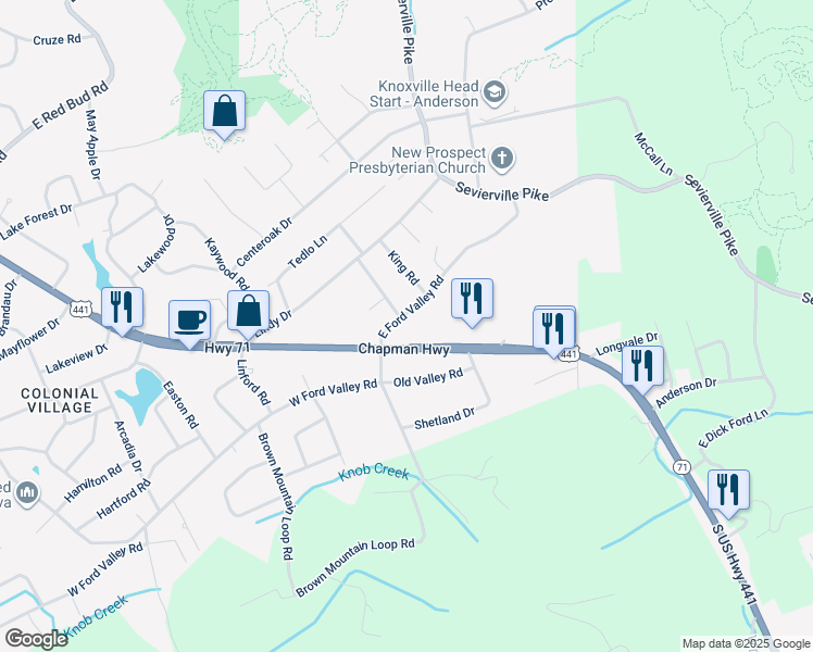 map of restaurants, bars, coffee shops, grocery stores, and more near 302 East Ford Valley Road in Knoxville