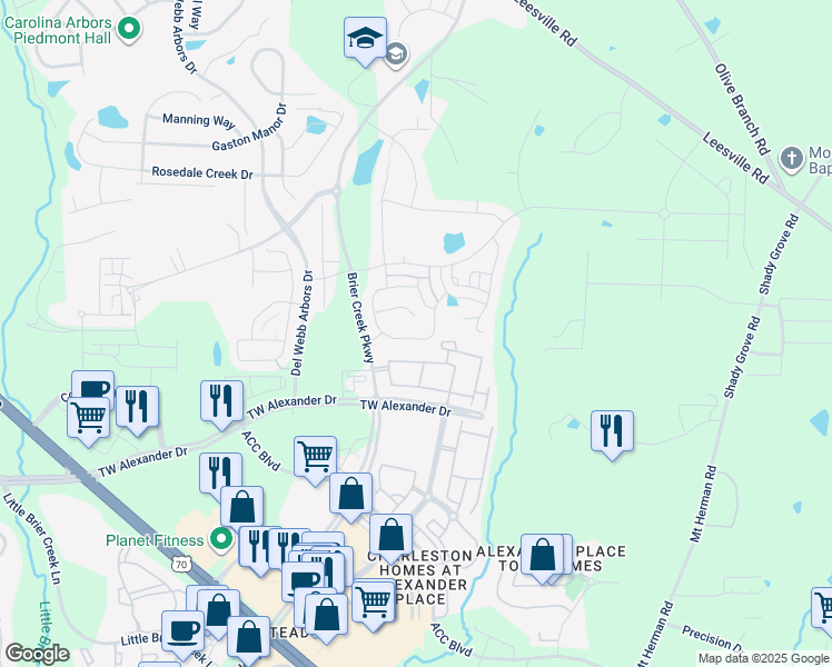 map of restaurants, bars, coffee shops, grocery stores, and more near 425 Shale Creek Drive in Durham