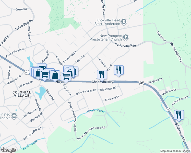 map of restaurants, bars, coffee shops, grocery stores, and more near 6316 Chapman Highway in Knoxville