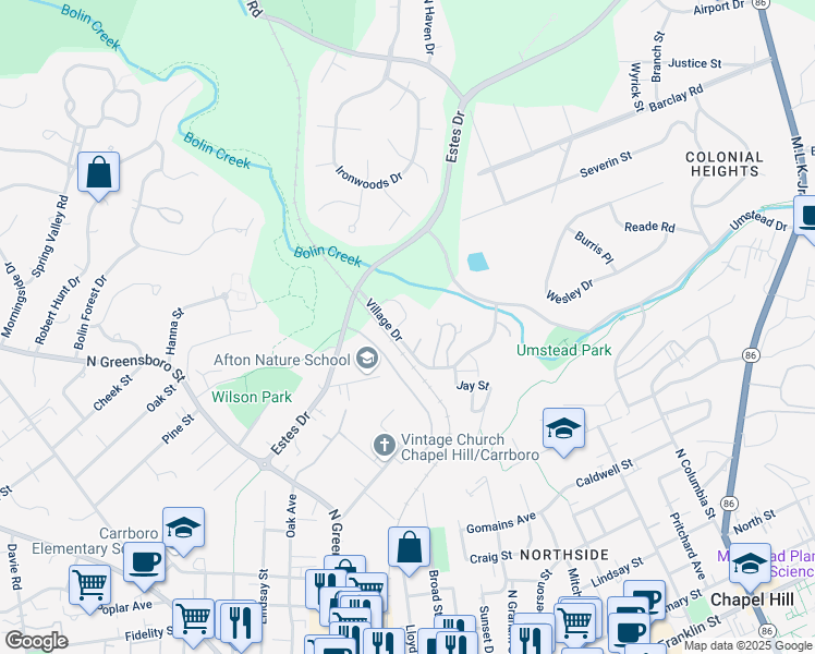 map of restaurants, bars, coffee shops, grocery stores, and more near 408 Fairoaks Cir in Chapel Hill