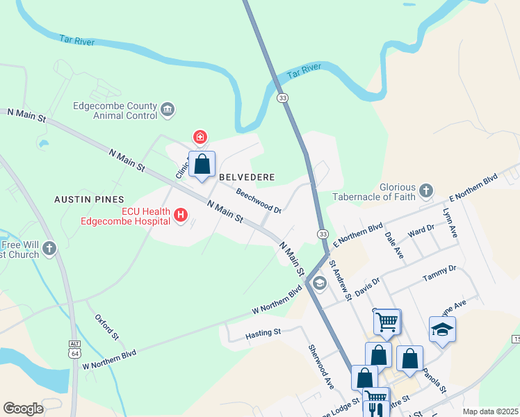 map of restaurants, bars, coffee shops, grocery stores, and more near 2606 Beechwood Drive in Tarboro