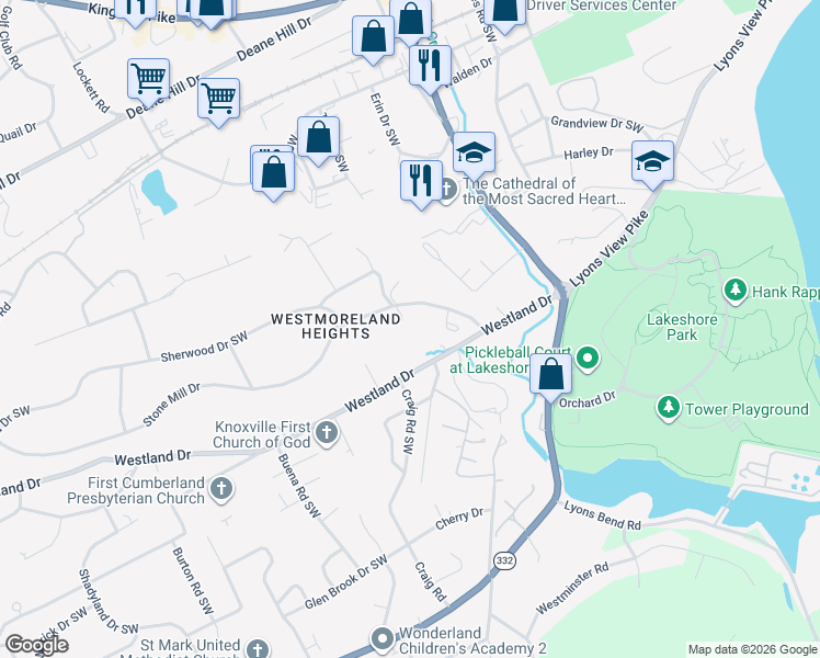 map of restaurants, bars, coffee shops, grocery stores, and more near 910 Water Wheel Way in Knoxville