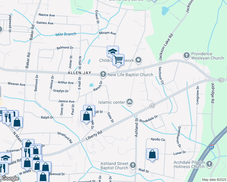 map of restaurants, bars, coffee shops, grocery stores, and more near 117 Gate Street in Archdale
