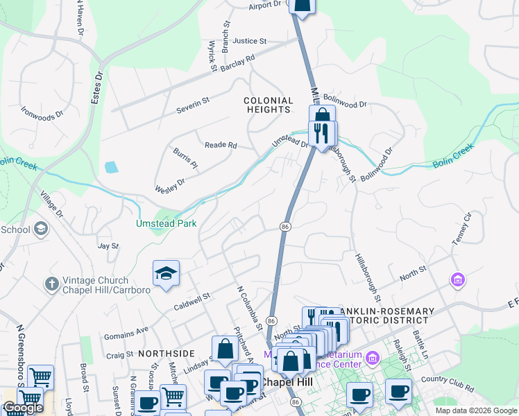 map of restaurants, bars, coffee shops, grocery stores, and more near Columbia Place Drive in Chapel Hill