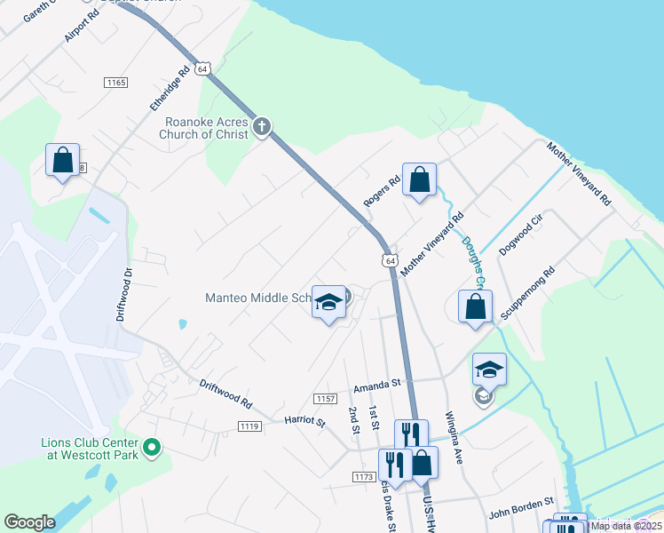 map of restaurants, bars, coffee shops, grocery stores, and more near 128 Creefs Ridge Road in Manteo