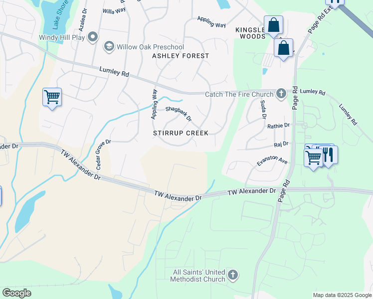map of restaurants, bars, coffee shops, grocery stores, and more near 2923 Appling Way in Durham
