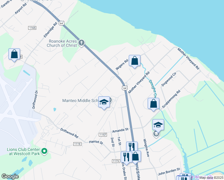 map of restaurants, bars, coffee shops, grocery stores, and more near 111 Juniper Street in Manteo