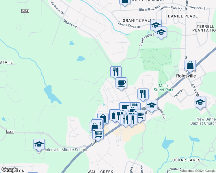 map of restaurants, bars, coffee shops, grocery stores, and more near 412 Morgan Brook Way in Rolesville