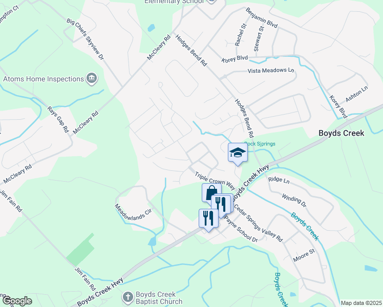 map of restaurants, bars, coffee shops, grocery stores, and more near 2591 Derby Way in Sevierville