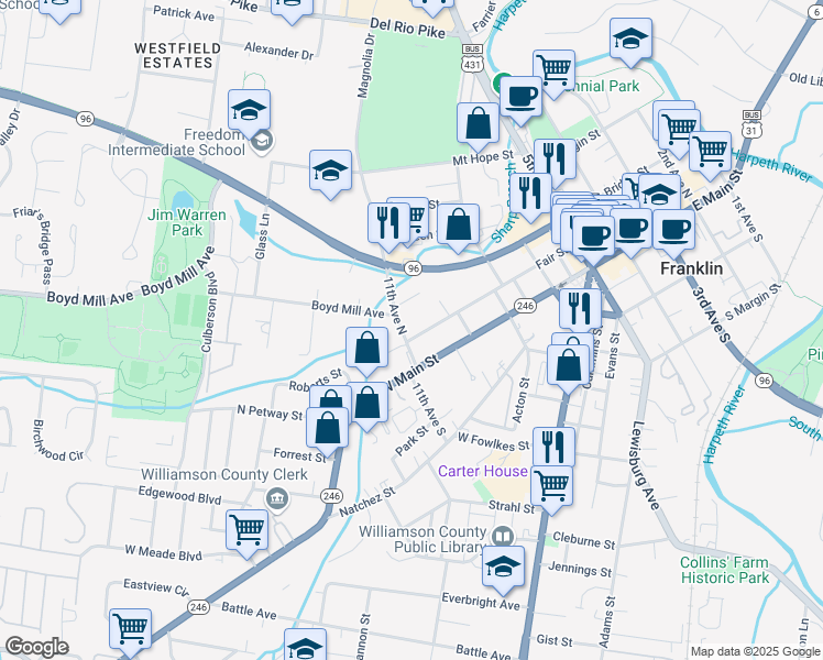 map of restaurants, bars, coffee shops, grocery stores, and more near 1014 Fair Street in Franklin