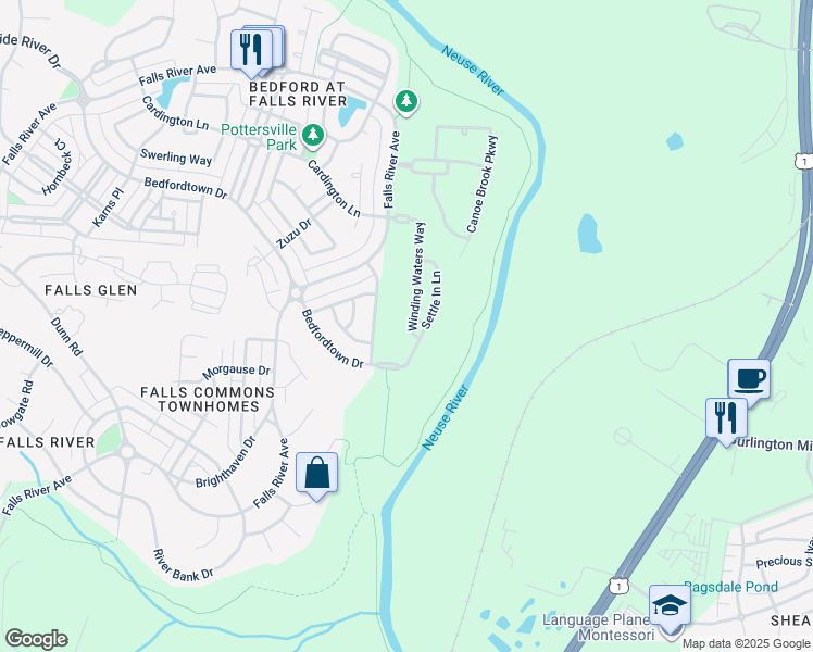 map of restaurants, bars, coffee shops, grocery stores, and more near 2925 Winding Waters Way in Raleigh