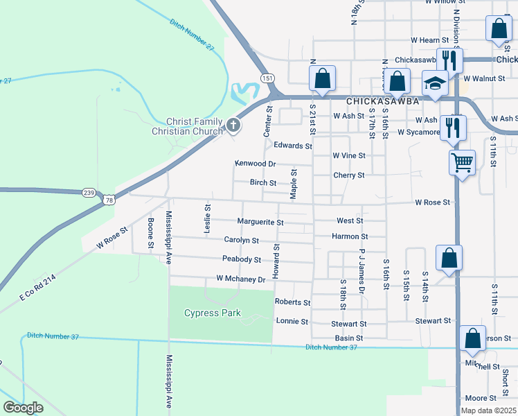 map of restaurants, bars, coffee shops, grocery stores, and more near 2227 West Rose Street in Blytheville