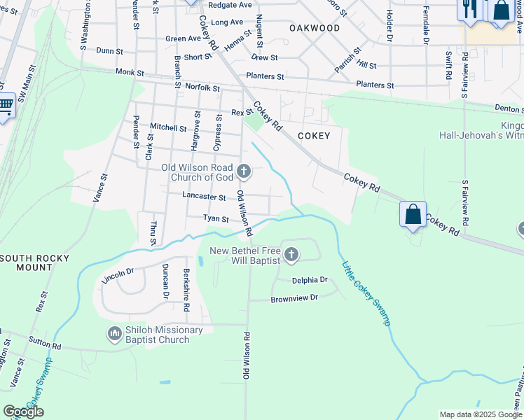 map of restaurants, bars, coffee shops, grocery stores, and more near 1024 Johnson Street in Rocky Mount