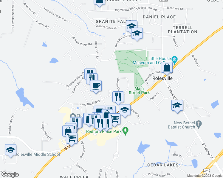 map of restaurants, bars, coffee shops, grocery stores, and more near 202 Sir William Lane in Rolesville