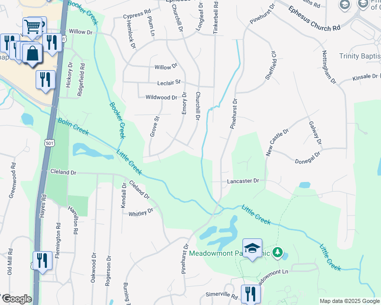 map of restaurants, bars, coffee shops, grocery stores, and more near 1408 Brigham Road in Chapel Hill