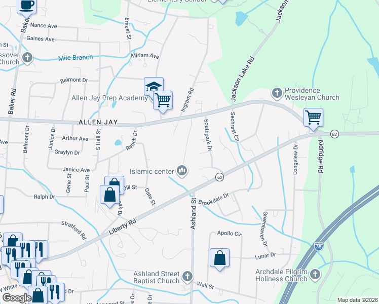 map of restaurants, bars, coffee shops, grocery stores, and more near 3619 Akers Court in High Point