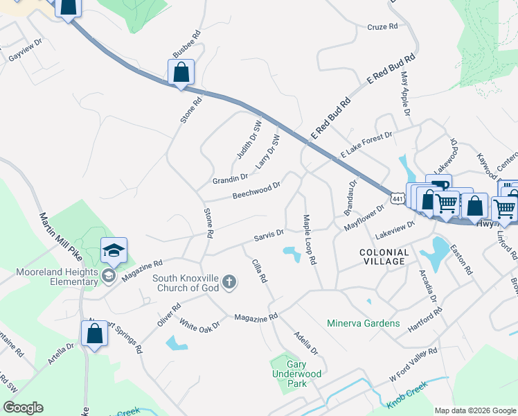 map of restaurants, bars, coffee shops, grocery stores, and more near 305 Liveoak Lane Southwest in Knoxville