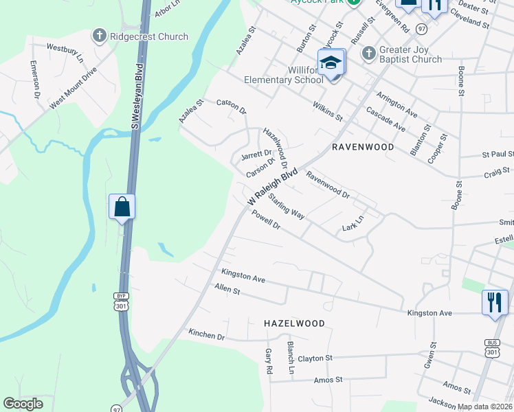 map of restaurants, bars, coffee shops, grocery stores, and more near 825 Starling Way in Rocky Mount