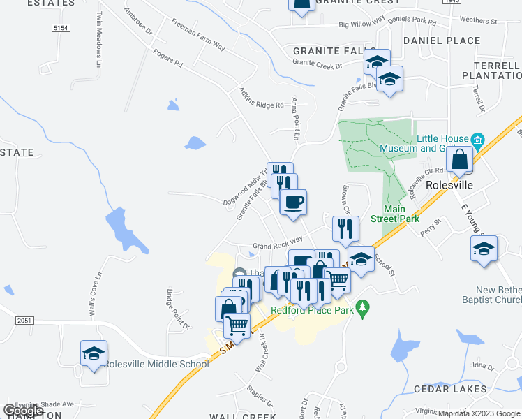 map of restaurants, bars, coffee shops, grocery stores, and more near 412 Morgan Brook Way in Rolesville