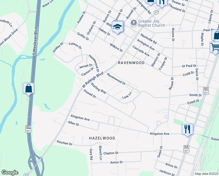map of restaurants, bars, coffee shops, grocery stores, and more near 508 Canary Drive in Rocky Mount
