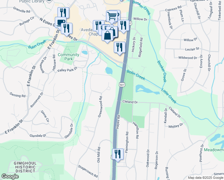 map of restaurants, bars, coffee shops, grocery stores, and more near 615 Greenwood Road in Chapel Hill