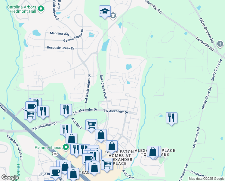 map of restaurants, bars, coffee shops, grocery stores, and more near 431 Shale Creek Drive in Durham
