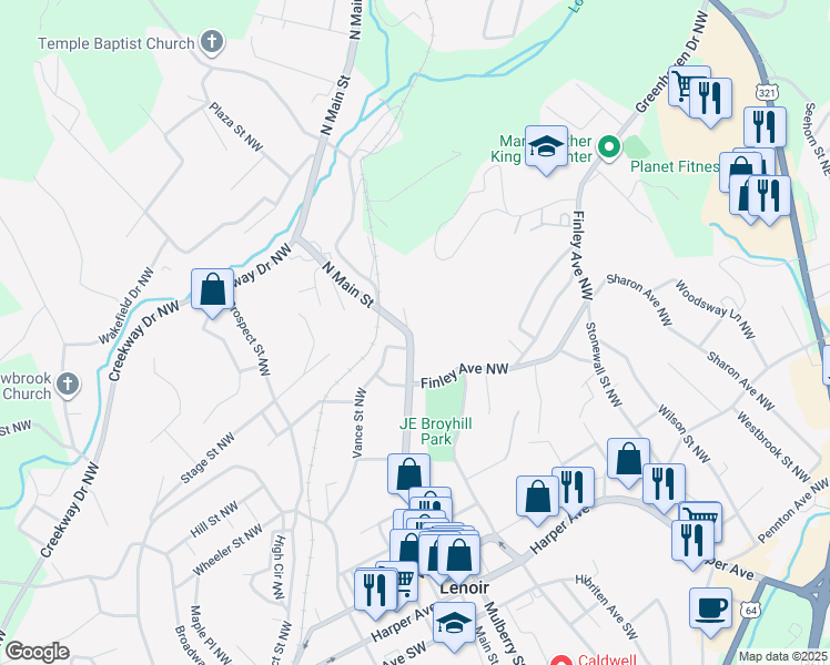 map of restaurants, bars, coffee shops, grocery stores, and more near 624 North Main Street in Lenoir