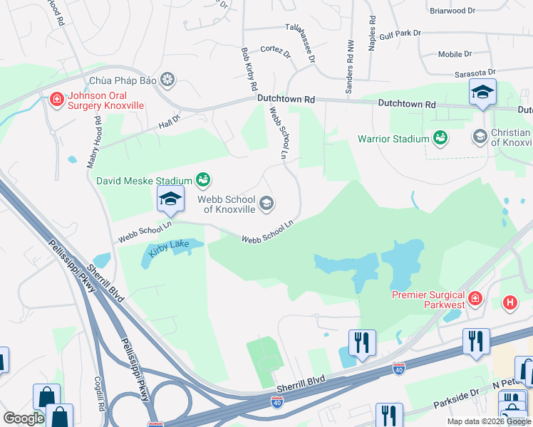 map of restaurants, bars, coffee shops, grocery stores, and more near 9800 Webb School Lane in Knoxville