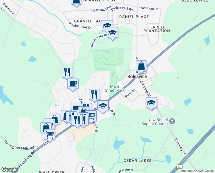 map of restaurants, bars, coffee shops, grocery stores, and more near 200 South Main Street in Rolesville