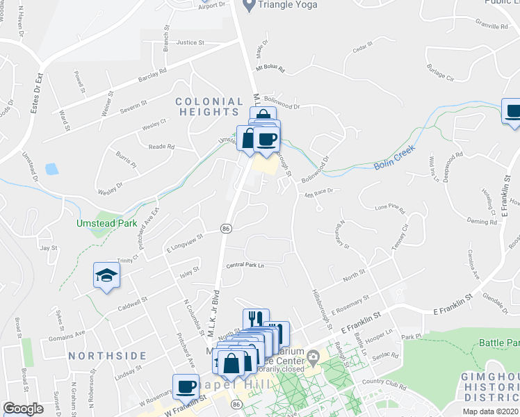 map of restaurants, bars, coffee shops, grocery stores, and more near 710 Martin Luther King Junior Boulevard in Chapel Hill